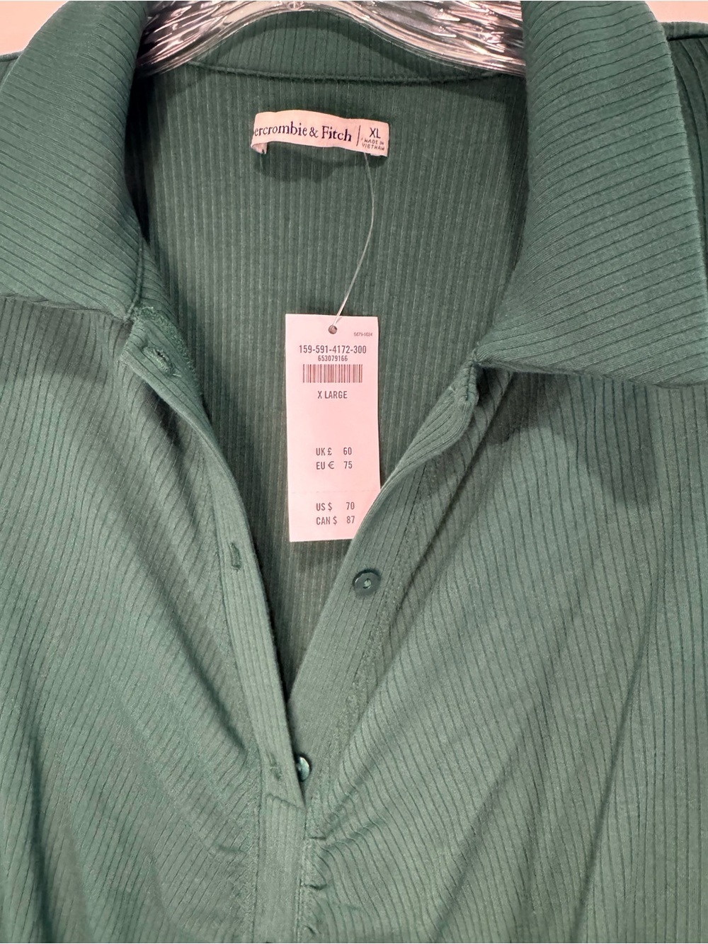 Abercrombie & Fitch NWT Emerald Green Ribbed Ruched Button Front Mini Dress XL - Picture 2 of 3